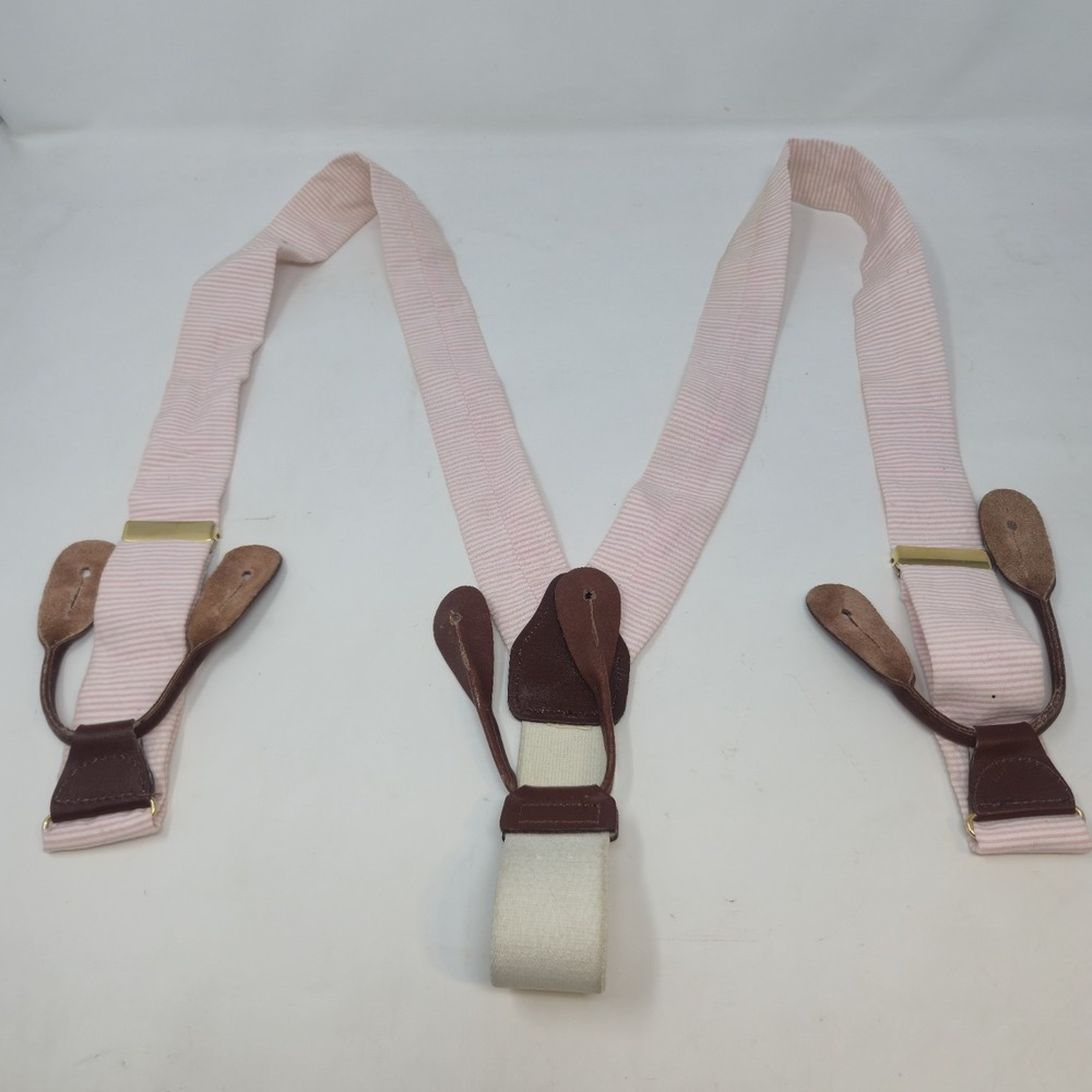 Vintage CAS W-Germany Suspenders Pink White Striped Button-On Y-Back Leather